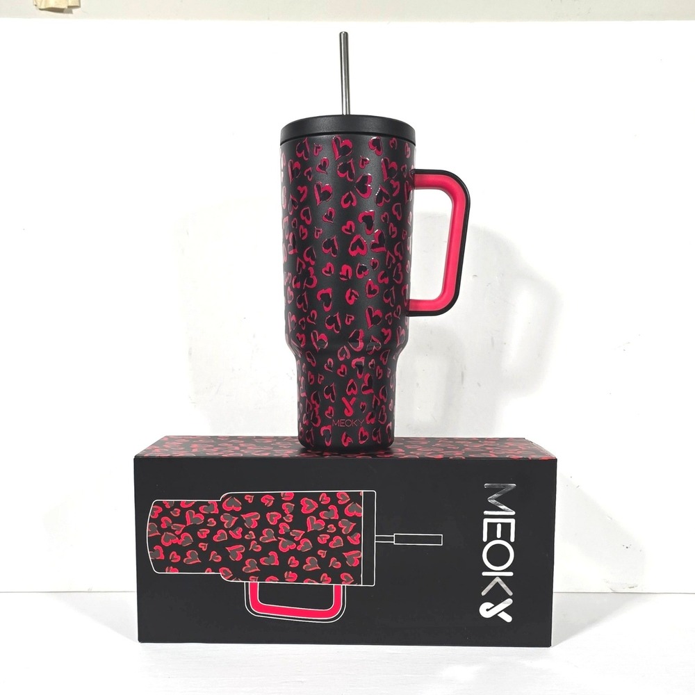 MEOKY 40 oz Tumbler with Handle Black Pink Red Heart Print Insulated Travel Mug